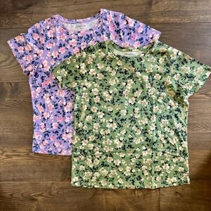 Woman‎ Within Lot of 2 Floral Print Short Sleeve Tees 18/20 Purple Green Cottage